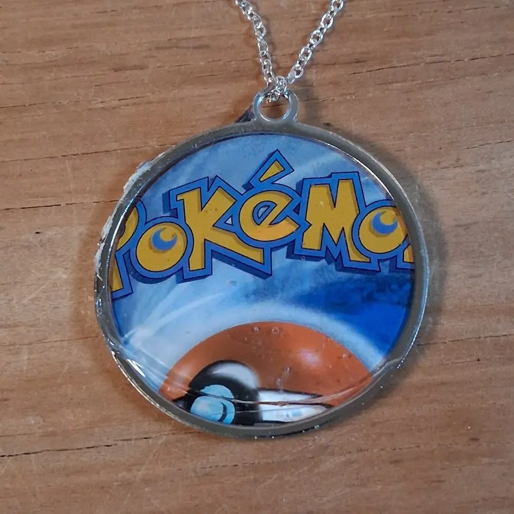 Handmade Pokemon Evee Necklace Silver Chain Round Resin Card Jewelry 10 In